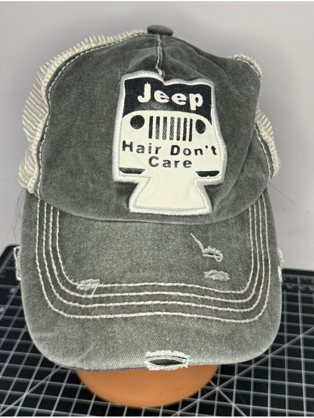 Jeep Hair Dont Care Trucker Hat - Gray - Distressed